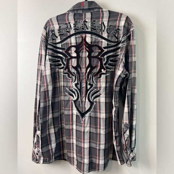 ROAR Reverence Embroidered L/S Button Front Shirt Gray XL Tribal Plaid SZ XL